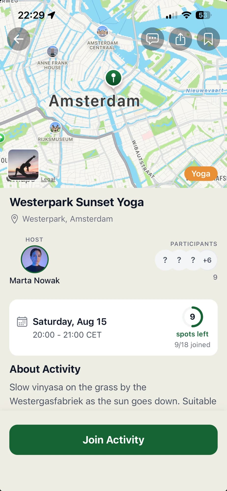 A Boba activity page: a sunset yoga session pinned on a map, with the host, the date and time, and nine spots left