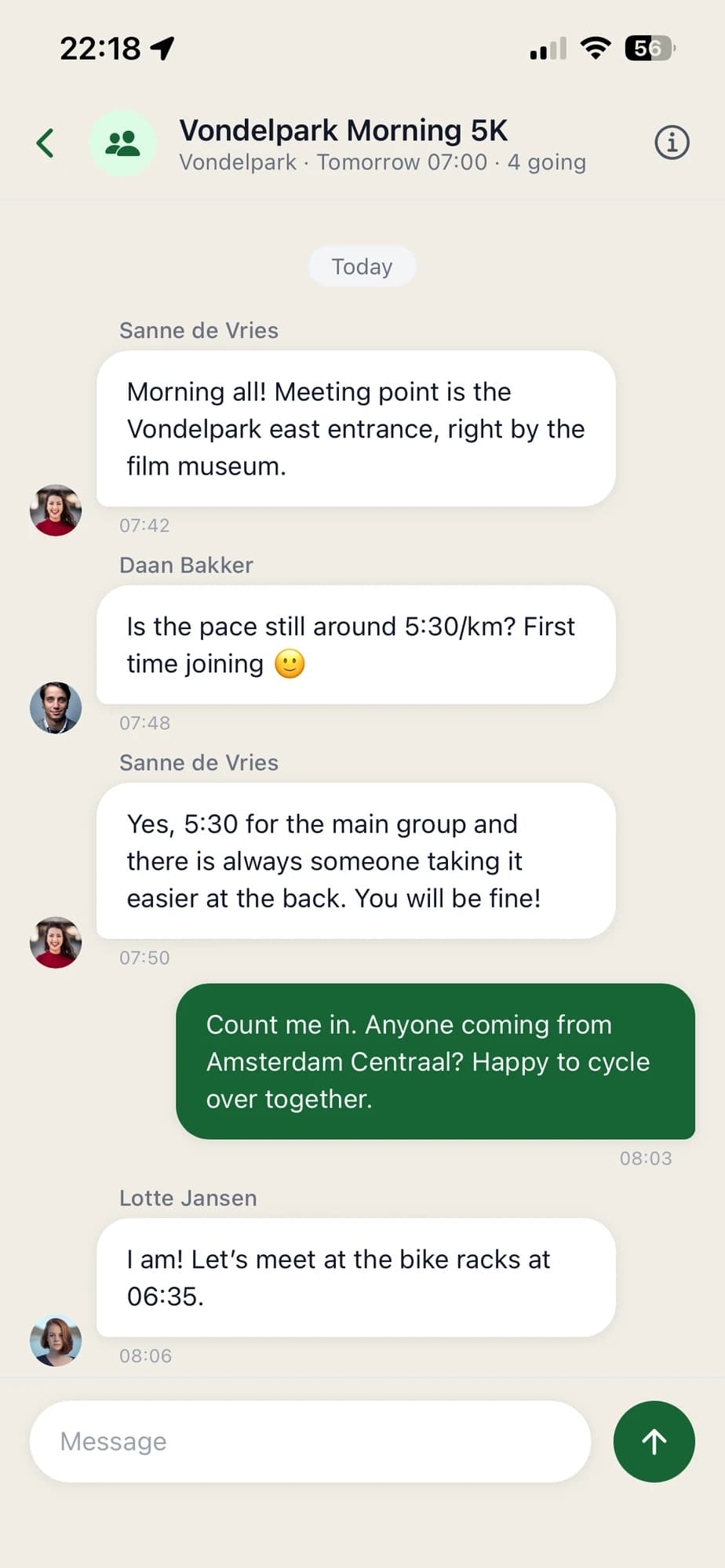 The group chat for a morning 5K, where the runners agree on a meeting point and pace