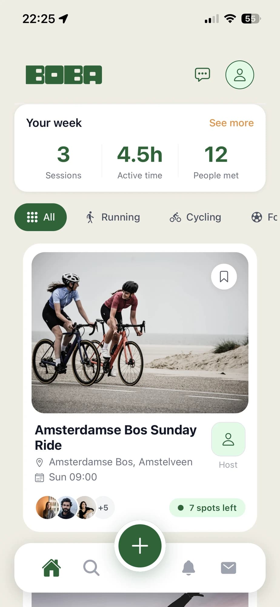 The Boba feed: a snapshot of your week, sport filters, and a Sunday ride with seven spots left