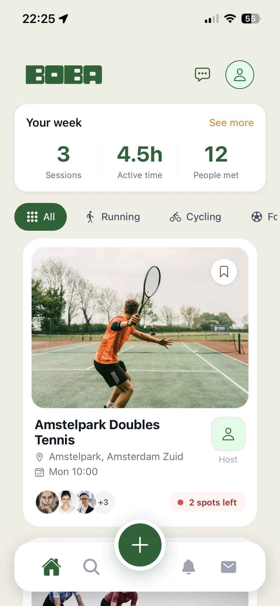 The Boba feed showing a doubles tennis game with two spots left, alongside the button to create your own activity